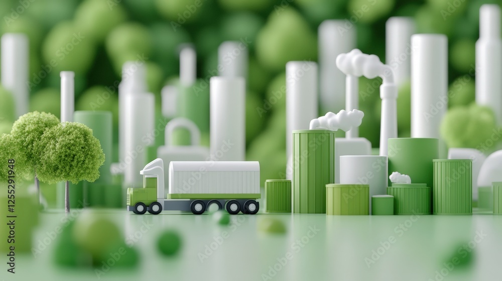 Biogas Miniature truck navigating a green cityscape with trees and industrial structures, symbolizing eco-friendly transport. Biogas Miniature truck navigating a green cityscape with trees and industrial structures, symbolizing eco-friendly transport.