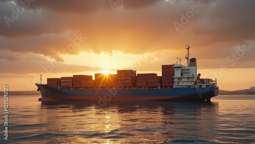 A majestic container ship, adorned in vibrant blue and red hues, towers with numerous stacked containers against the open sea's horizon photo