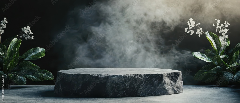 Volcanic stone podium with abstract floral mist, a fusion of raw nature and modern elegance Volcanic stone podium with abstract floral mist, a fusion of raw nature and modern elegance