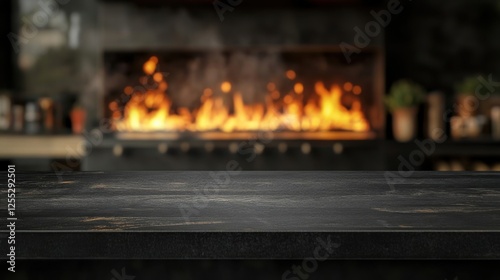 Rustic kitchen counter with cozy fireplace in background