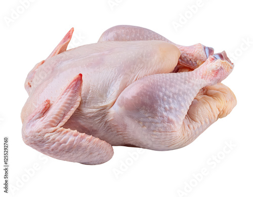 Raw whole chicken on a white background, ready for cooking or recipes.