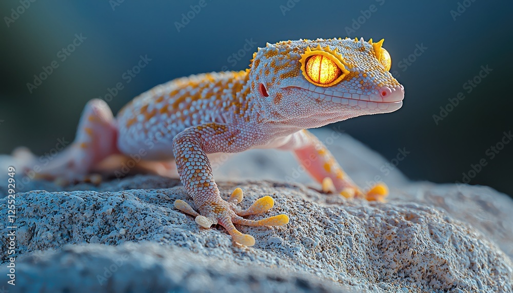 Naklejka premium A vibrant gecko with bright yellow eyes rests on a rock