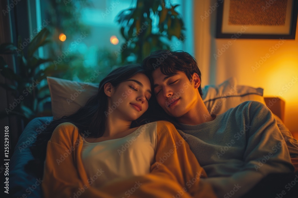 A young couple snuggles closely, asleep in bed, illuminated by warm, ambient light.