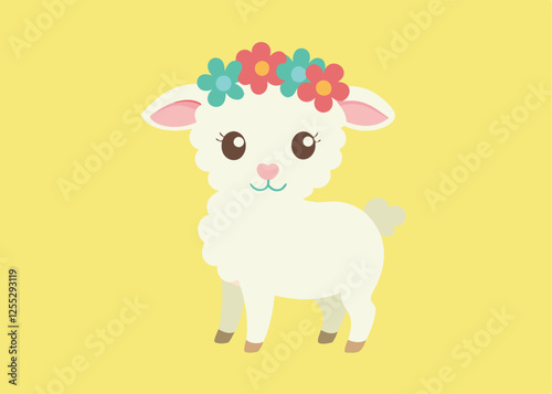 Adorable Easter Lamb with Flower Crown, Spring Festive Vector egg cute flat card