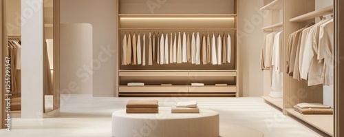 Modern minimalist walk-in closet with neutral tones and elegant wardrobe organization