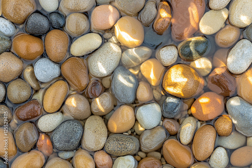 Surface of wet pebbles on the beach with sunlight reflected in the water photo