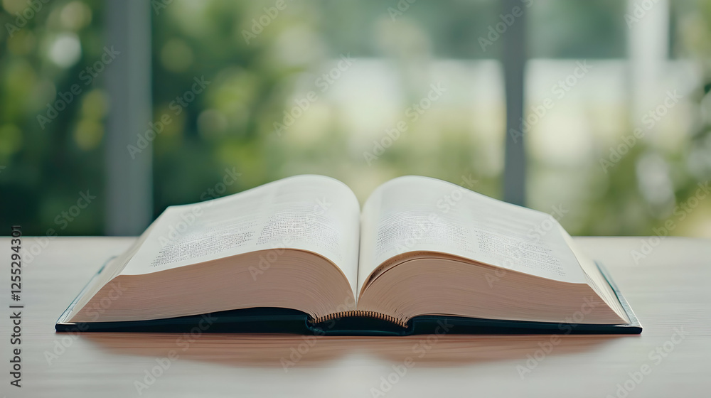 Open Book on Wooden Table with Blurred Green Background Open Book on Wooden Table with Blurred Green Background