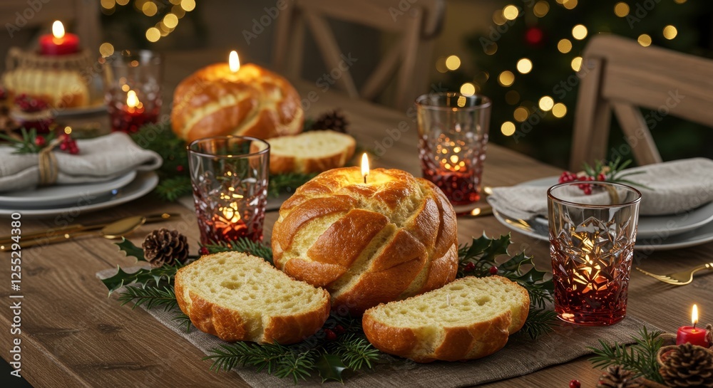 Festive dining table with bread, candles, and holiday decor Festive dining table with bread, candles, and holiday decor