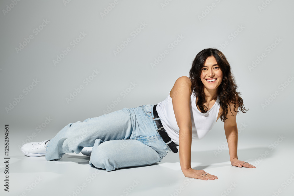 Embracing confidence in a stylish studio setting with casual elegance Embracing confidence in a stylish studio setting with casual elegance