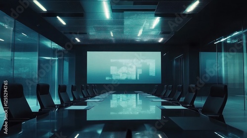 Sleek and Modern Conference Room with Illuminated Screen and Dark Furnishings