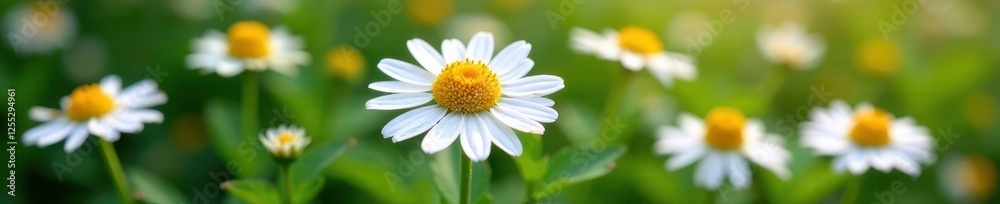 Close-up view of chamomile flowers amidst vibrant leaves , detail, aromatherapy Close-up view of chamomile flowers amidst vibrant leaves , detail, aromatherapy
