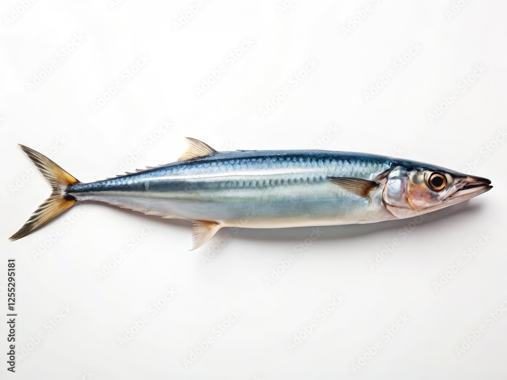 Crisp high-resolution image: a single saury fish isolated on a pure white background. Perfect for seafood menus or culinary websites. Crisp high-resolution image: a single saury fish isolated on a pure white background. Perfect for seafood menus or culinary websites.