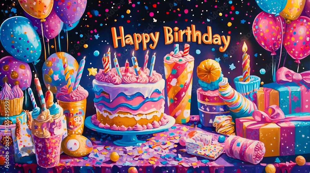 Obraz premium Colorful birthday celebration with festive cake, balloons, gifts, and decorations creating a joyful party atmosphere
