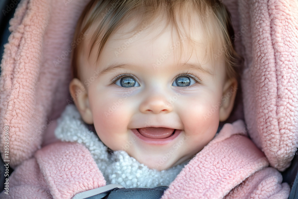 Generative AI depiction of happy baby in car seat, showcasing safety and travel for young children