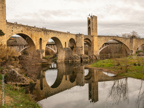 Picturesque medieval town in winter of Besalú. Girona, Costa Brava. Catalonia. Spain