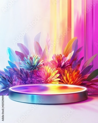 Metallic prism podium with vibrant floral energy burst, highimpact modern design photo