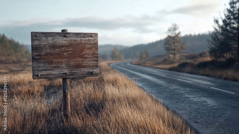 Naklejka premium A rustic wooden sign standing on the side of a quiet country road, bathed in soft sunlight, evoking a sense of tranquility, solitude, and the beauty of rural landscapes in the early morning