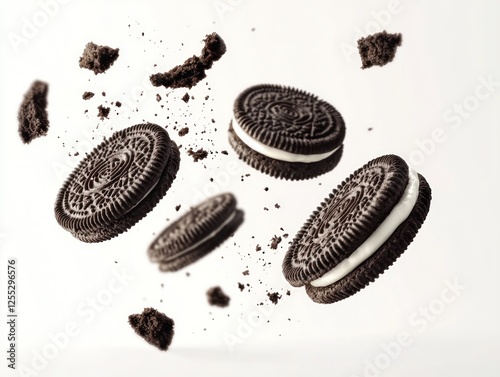 Flying Oreo cookies with crumbs in mid-air against a plain background photo