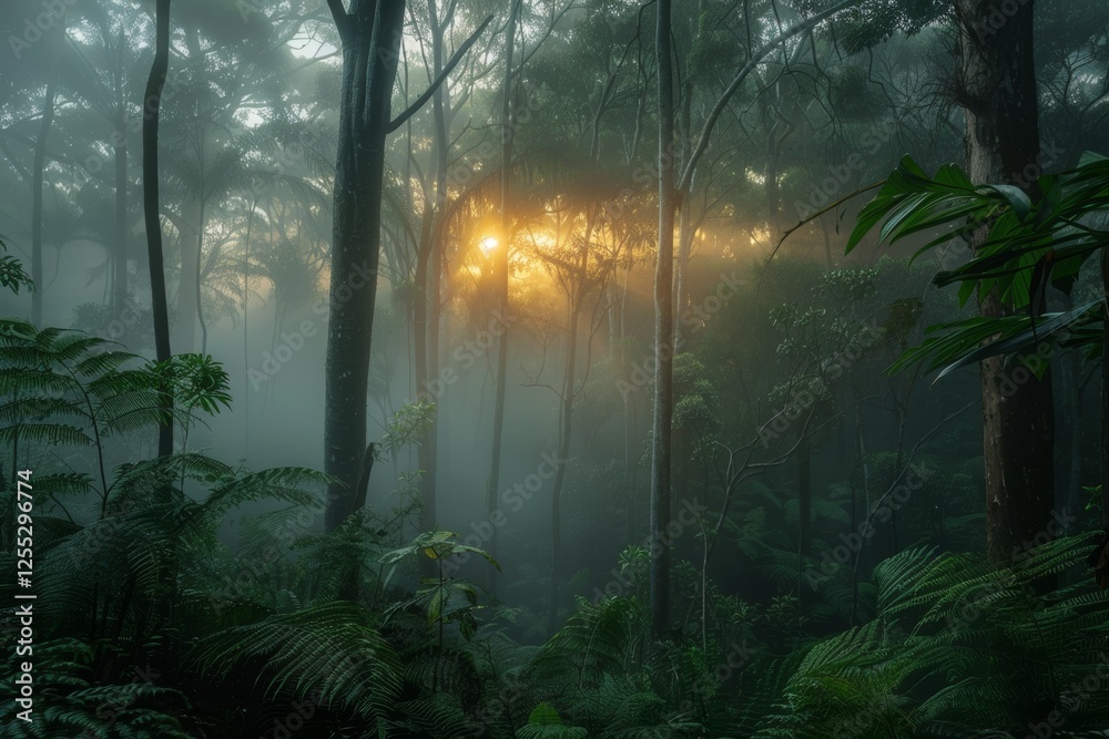 Naklejka premium First Light Brightens Misty Rainforest as Dawn Breaks Over Lush Vegetation and Tall Trees