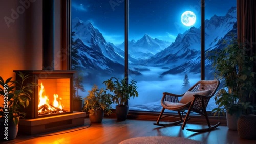 Cozy interior with fireplace and a panoramic snowy mountain view under moonlight