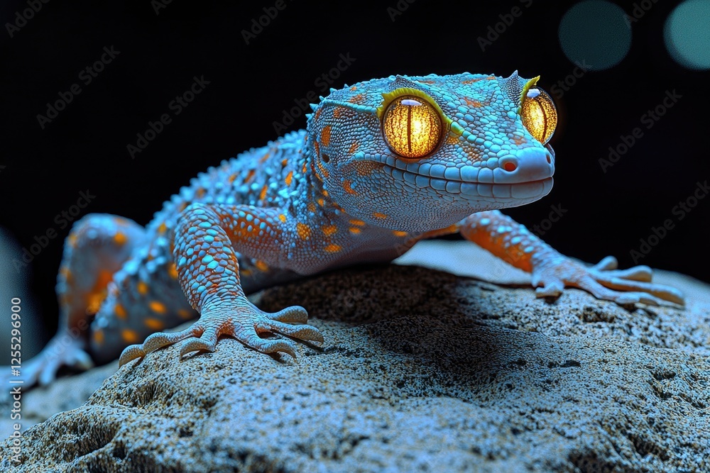 A vibrant gecko rests on a textured rock surface A vibrant gecko rests on a textured rock surface