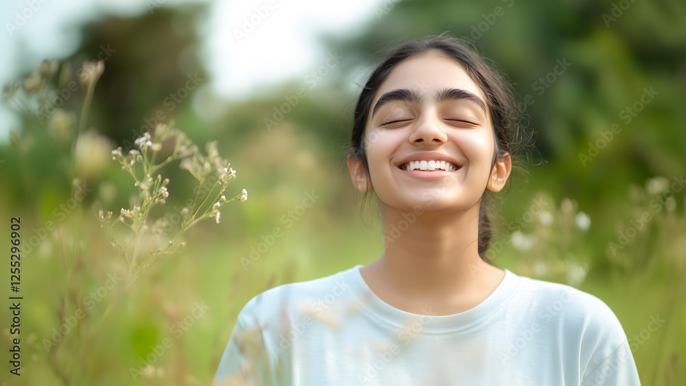 Young Indian woman breathing fresh air in a field. Smiling woman taking deep breath, healing and relaxation Concept Young Indian woman breathing fresh air in a field. Smiling woman taking deep breath, healing and relaxation Concept