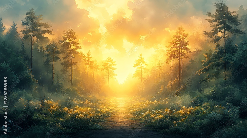 A tranquil forest scene bathed in golden light during sunrise, exuding serenity and beauty. A tranquil forest scene bathed in golden light during sunrise, exuding serenity and beauty.