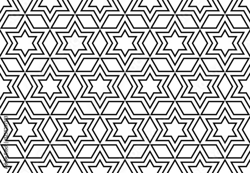 Abstract Seamless Outline Geometric Diamonds and Stars Pattern. Black and White Texture.