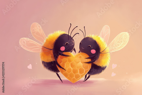 two cartoon cute honeybees holding a heart-shaped honeycomb, idea of Valentine s Day Design, healthy food.