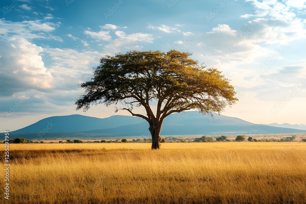 The beauty of the savannah, depicting a large tree standing majestically in a vast field, with a backdrop of towering mountains, depicting the harmony of nature The beauty of the savannah, depicting a large tree standing majestically in a vast field, with a backdrop of towering mountains, depicting the harmony of nature