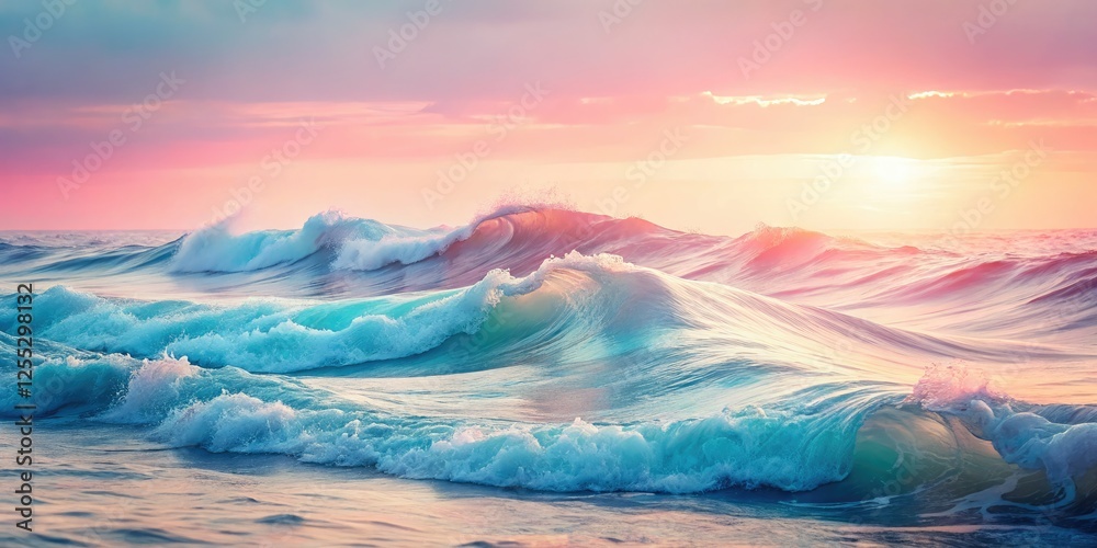 Fototapeta premium Dreamy pastel pink and blue wave art print. Vintage matte finish, soft aesthetic wall decor.