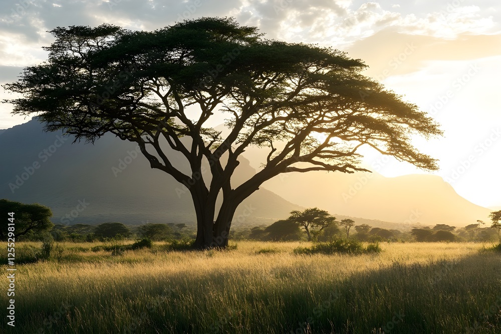 The beauty of the savannah, depicting a large tree standing majestically in a vast field, with a backdrop of towering mountains, depicting the harmony of nature The beauty of the savannah, depicting a large tree standing majestically in a vast field, with a backdrop of towering mountains, depicting the harmony of nature