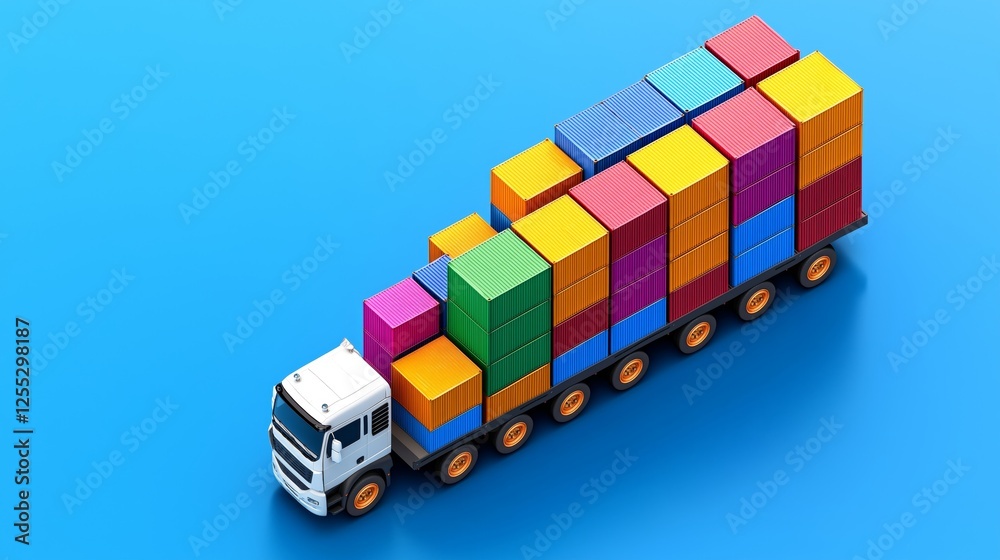 Strategy Trade War concept. Colorful shipping containers stacked on a truck against a blue background.
