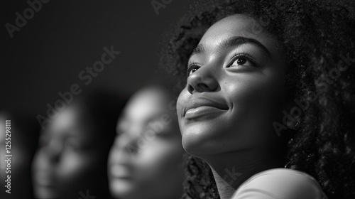 Black and white portrait of a young woman looking hopefully upwards photo