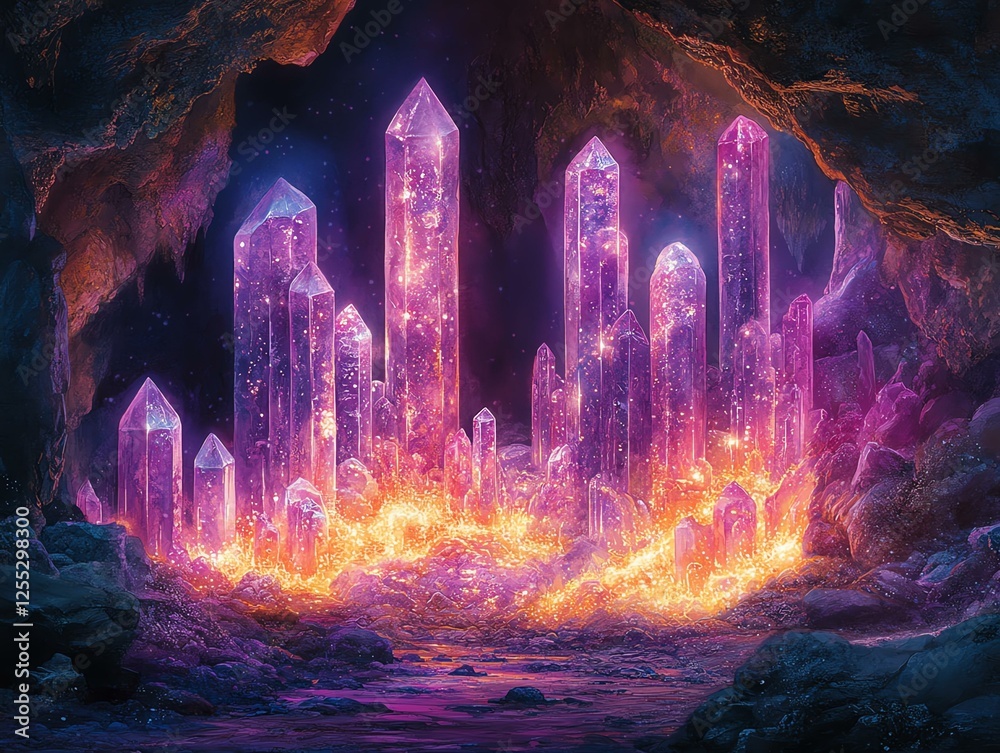 Fototapeta premium A mesmerizing cave filled with vibrant, glowing crystals radiating enchanting colors.