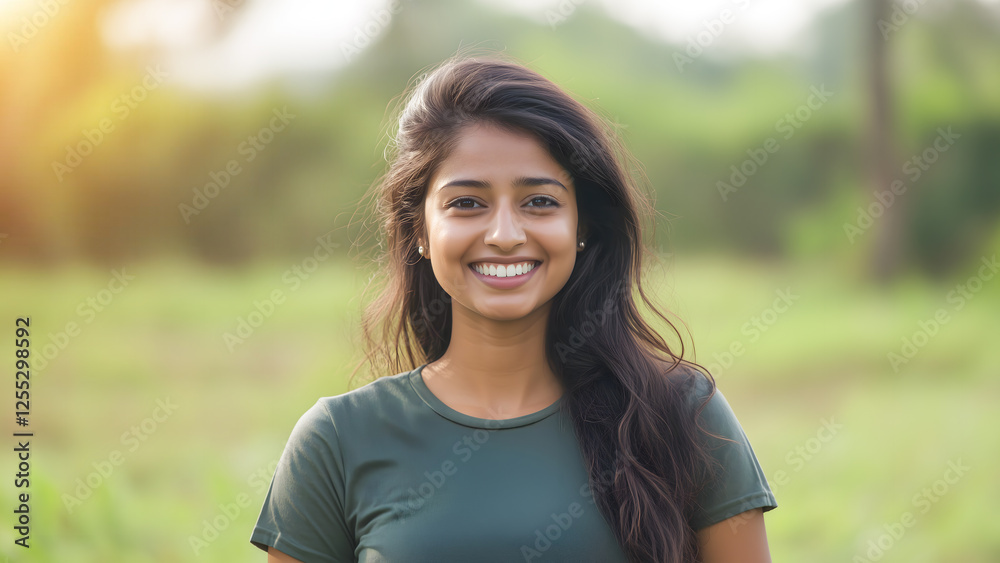 Happy young Indian woman standing in a grass field. Happy young Indian woman standing in a grass field.