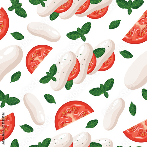 seamless pattern with caprese salad and basil leaves and slices of red tomatoes, for various posters, banners or packaging