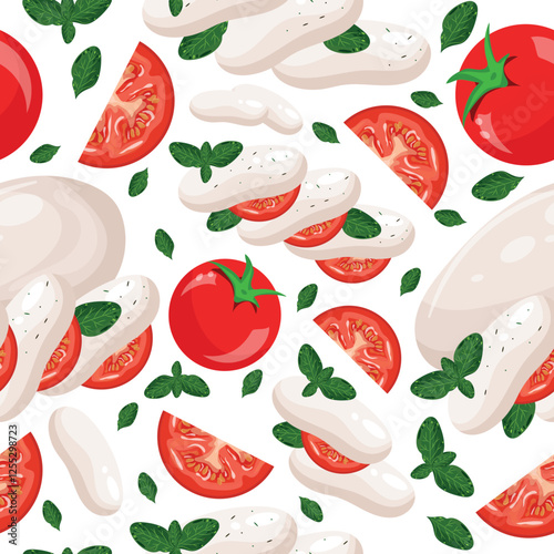 seamless pattern with caprese salad and basil leaves and slices of red tomatoes and whole tomatoes, for various posters, banners or packaging