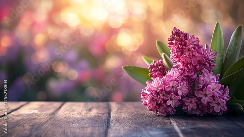 A visually appealing mockup showcasing a bare wooden table with a bright, sunlit hyacinth in the foreground, set against a softly blurred bokeh background photo