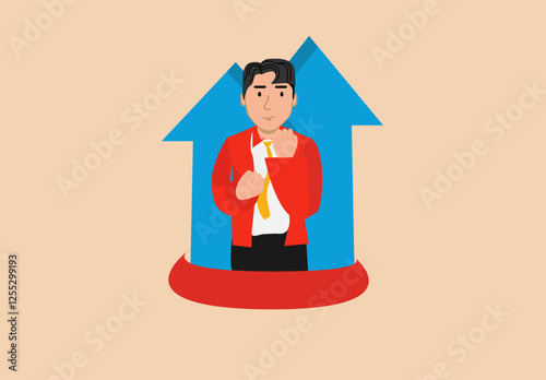 Career development, a young man is expressing success in his career with a blue arrow.