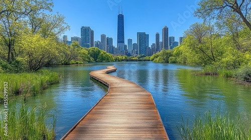 Cityscape view from tranquil lake boardwalk