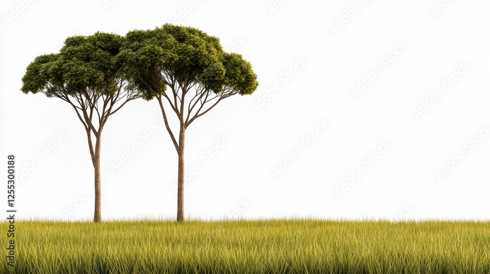 Fototapeta premium Two Pine Trees in a Yellow Flower Field Against White Background