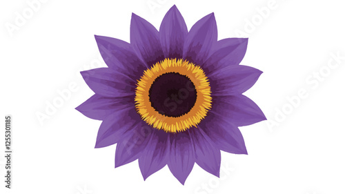 A detailed close-up photograph depicts a stylized purple sunflower with a yellow and brown center.  The flower is presented against a stark white background, with a high level of detail