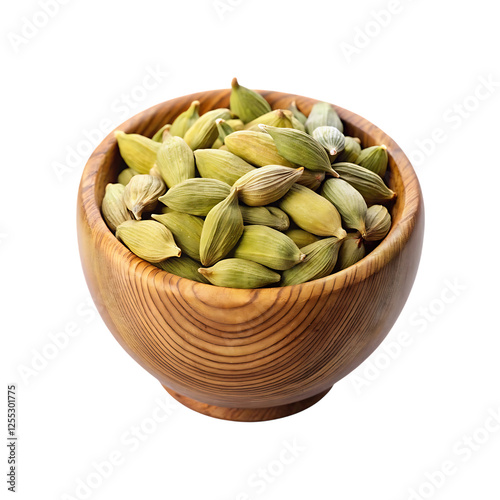 cardamon in a wooden bowl isolated on a transparent background, in a PNG format
