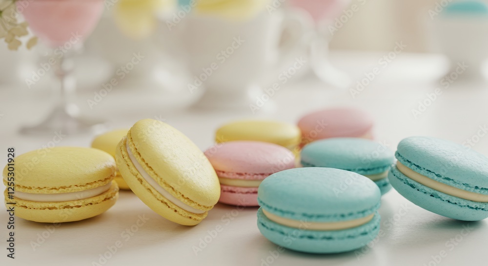 Fototapeta premium Colorful pastel macarons are displayed on a white surface