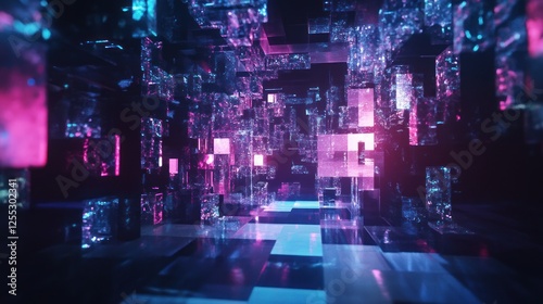 Abstract Digital Space with Neon Cubes and Reflective Surfaces Aesthetic