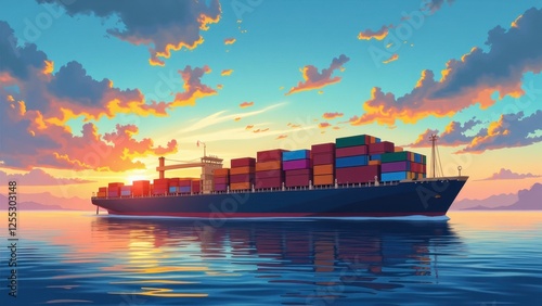 A majestic container ship glides across serene waters, stacked with vibrant containers. Its mirror image shimmers beneath photo