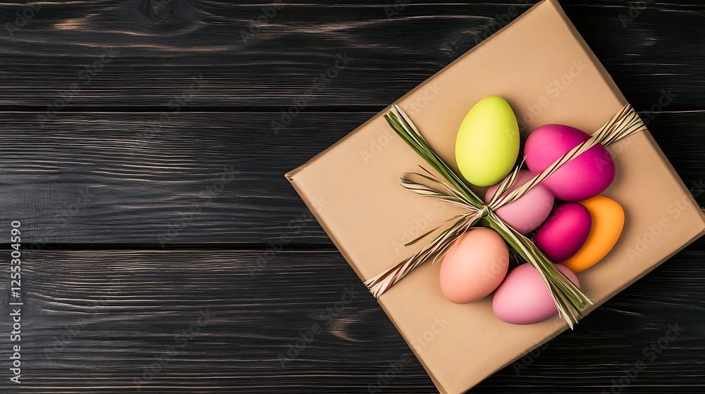 Easter Eggs on Box with Ribbon Celebration of Spring Holiday Season Festive Color Gift Design Easter Eggs on Box with Ribbon Celebration of Spring Holiday Season Festive Color Gift Design