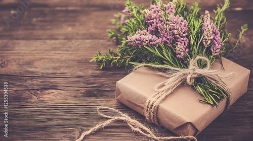 Elegant Lavender Bouquet on Gift Wrapped in Brown Paper with Rustic Twine on Wood Surface photo