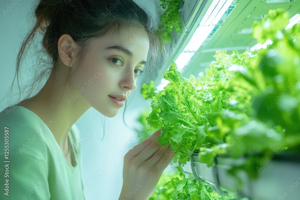 Young woman examines lush green lettuce growing under artificial lights in a vertical farm. Young woman examines lush green lettuce growing under artificial lights in a vertical farm.